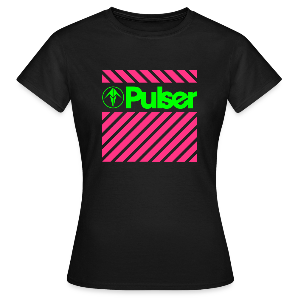 Women’s Premium T-Shirt with Neon Pink and Green Pulser Starbird Design - black